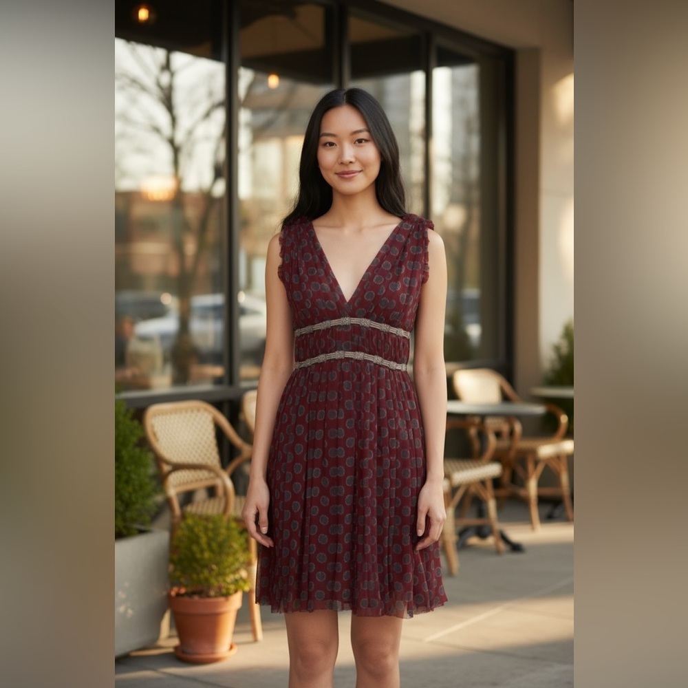 Isabel Marant Red and Gray Patterned Silk Midi Dress